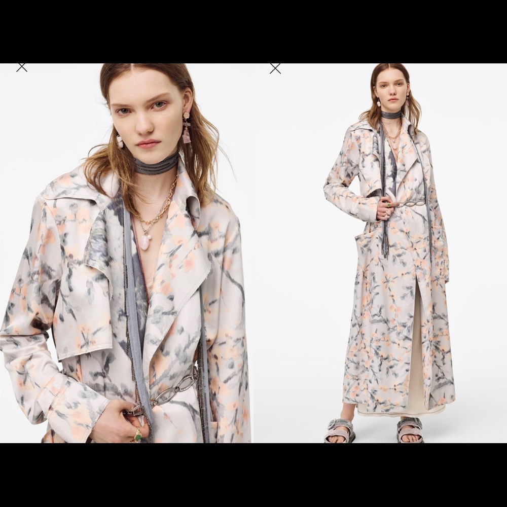 Zara Long Printed Trench Coat in Pale Pink and Gray